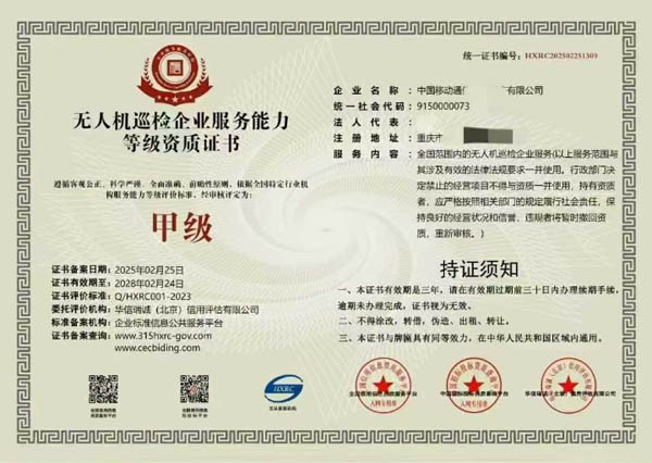 无人机巡检企业服务能力等级资质证书